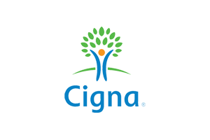 Cigna logo: a blue stylized figure with raised arms under a green tree, with the blue 'Cigna' wordmark beneath.
