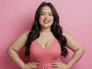 Smiling woman in a pink sleeveless dress, hands on hips, posed against a pink background.